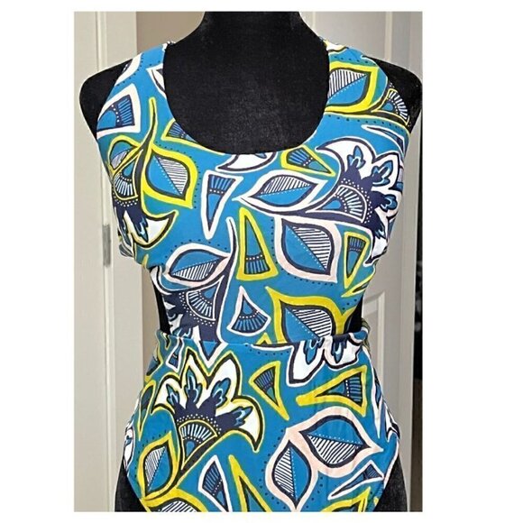 Aerie Blue Teal Floral Print Cut Out One Piece Swimsuit (Womens XL) - Picture 2 of 9